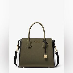 MICHAEL KORS Mercer Medium Tri-Color Pebbled Leather Belted Satchel